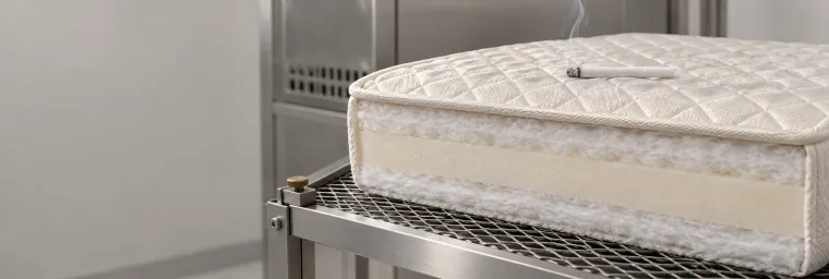 Стёганый образец матраса со светлым жаккардом и дымящейся сигаретой проходит испытание в лаборатории